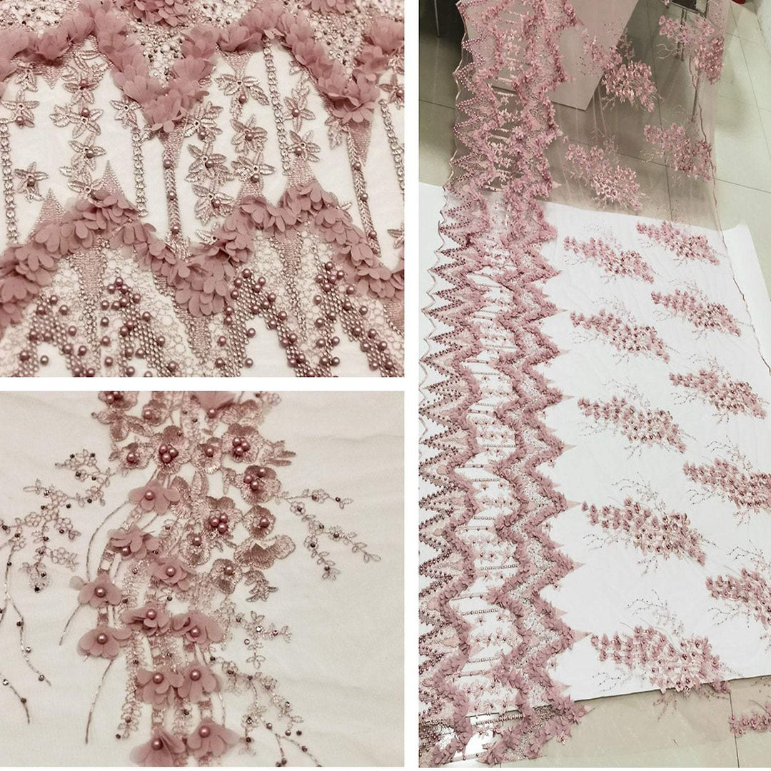 Pink VIVIANA Dusty Pink Lilac Black Floral Embroidery Sequin Tulle Mesh Lace / Fabric by the Yard