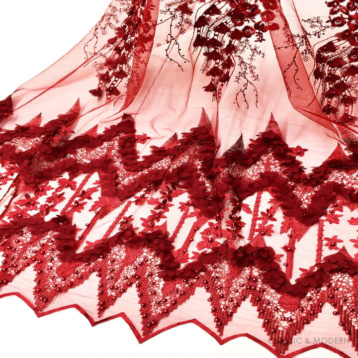Red VIVIANA Dusty Pink Lilac Black Floral Embroidery Sequin Tulle Mesh Lace / Fabric by the Yard