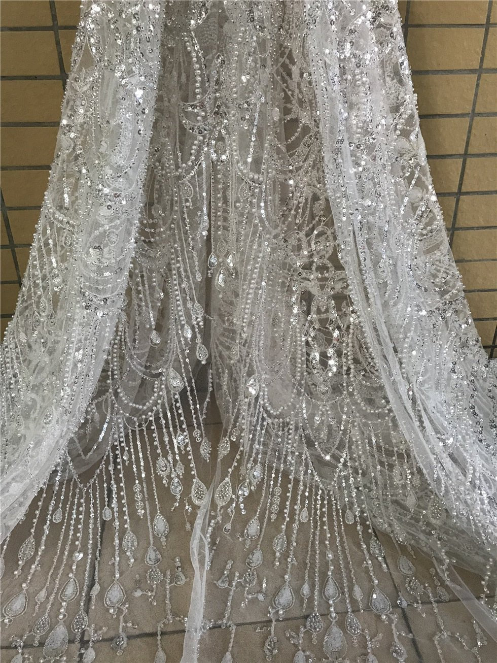 White Regal Beaded Embroidery Glitter Mesh Lace Wedding Party Dress Fabric