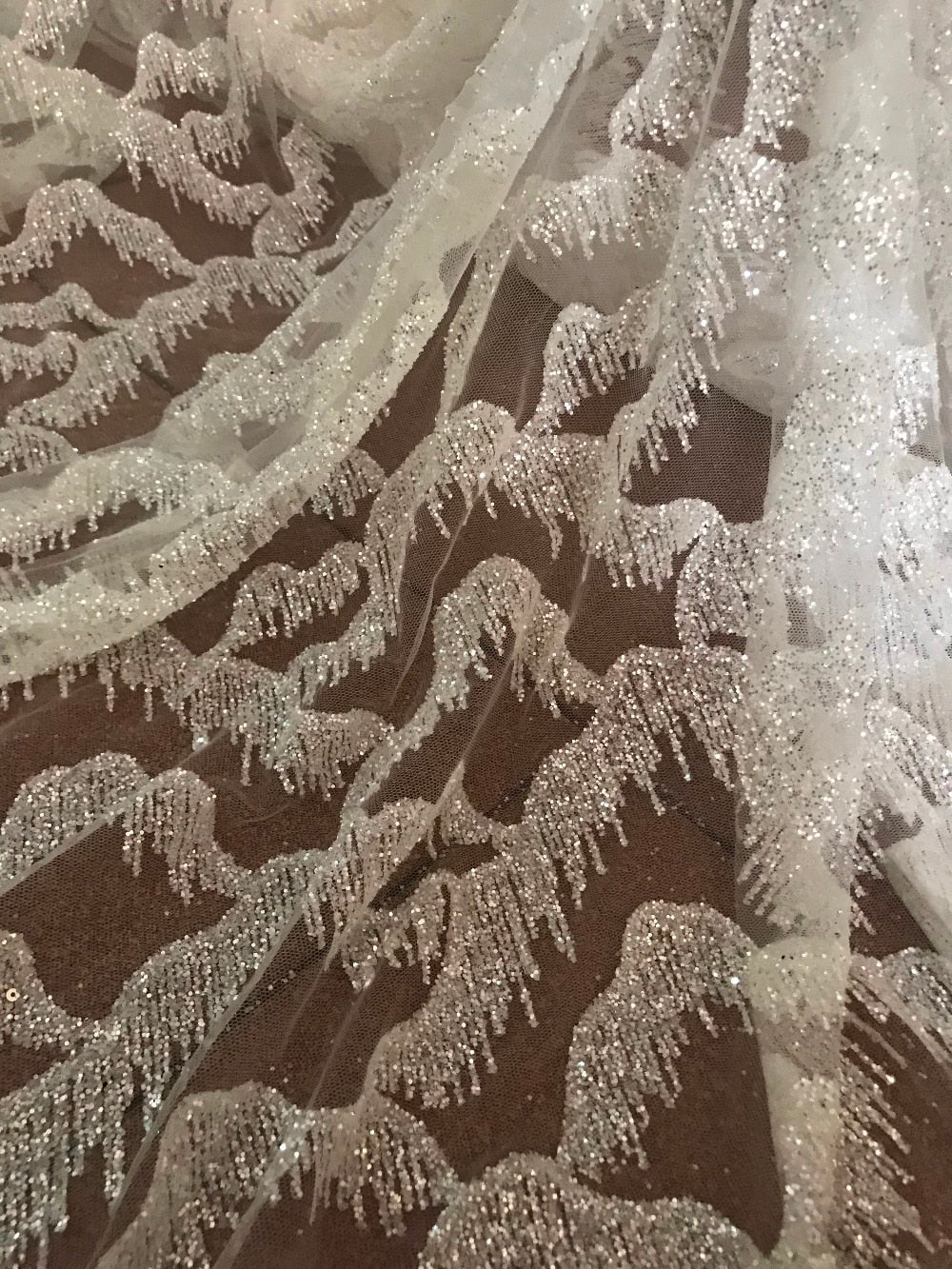 Wavy Geometric Beaded Embroidery Glitter Mesh Lace Wedding Party Dress Fabric