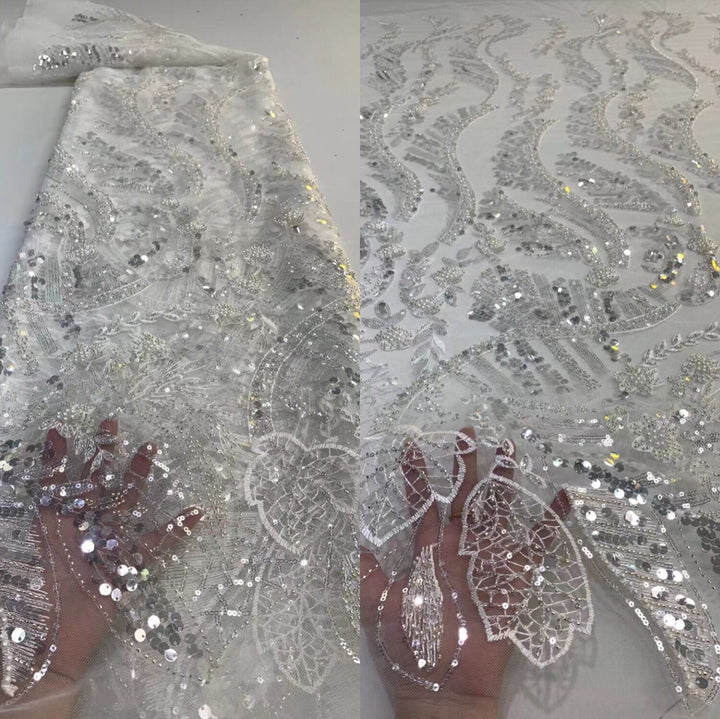 5 YARDS / 12 COLORS / Abstract Flowers Glitter Full Sequin Beaded Embroidery Tulle Mesh Lace Fabric - Classic Modern Fabrics