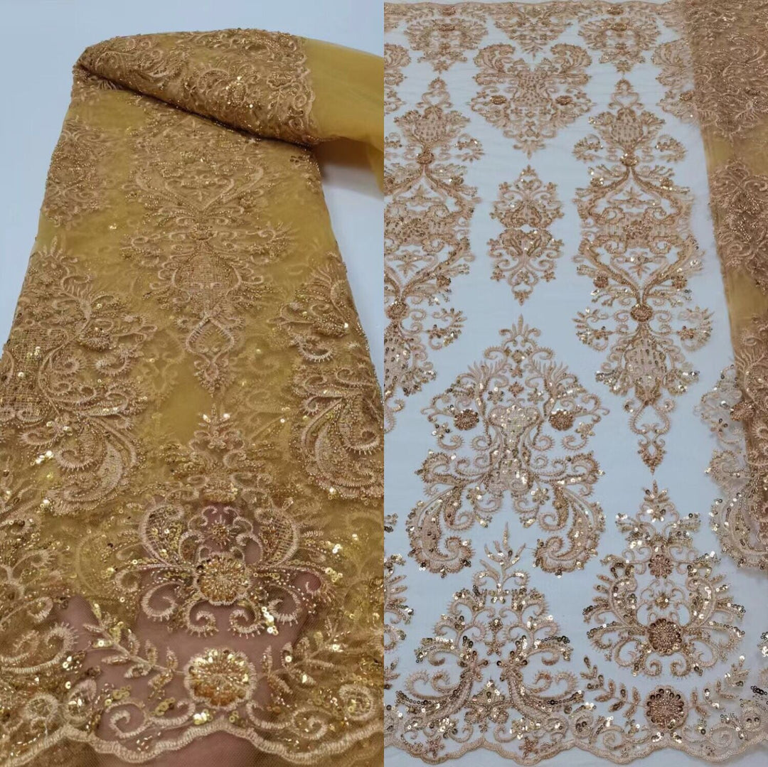 5 YARDS / 12 COLORS / Regal Damask Beaded Glitter Embroidery Mesh Lace Wedding Party Dress Fabric - Classic & Modern