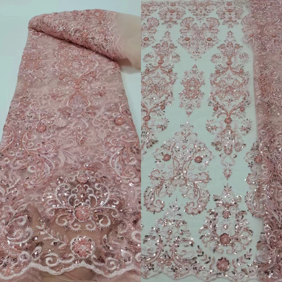 5 YARDS / 12 COLORS / Regal Damask Beaded Glitter Embroidery Mesh Lace Wedding Party Dress Fabric - Classic & Modern