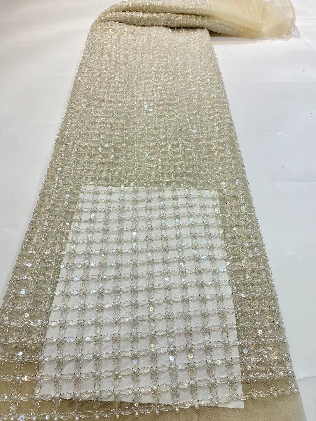 5 YARDS / 13 COLORS / Edwige 6-Beautiful Geometric Pearl Beads Glitter Sequin Beaded Embroidery Tulle Mesh Lace Party Prom Bridal Dress Fabric