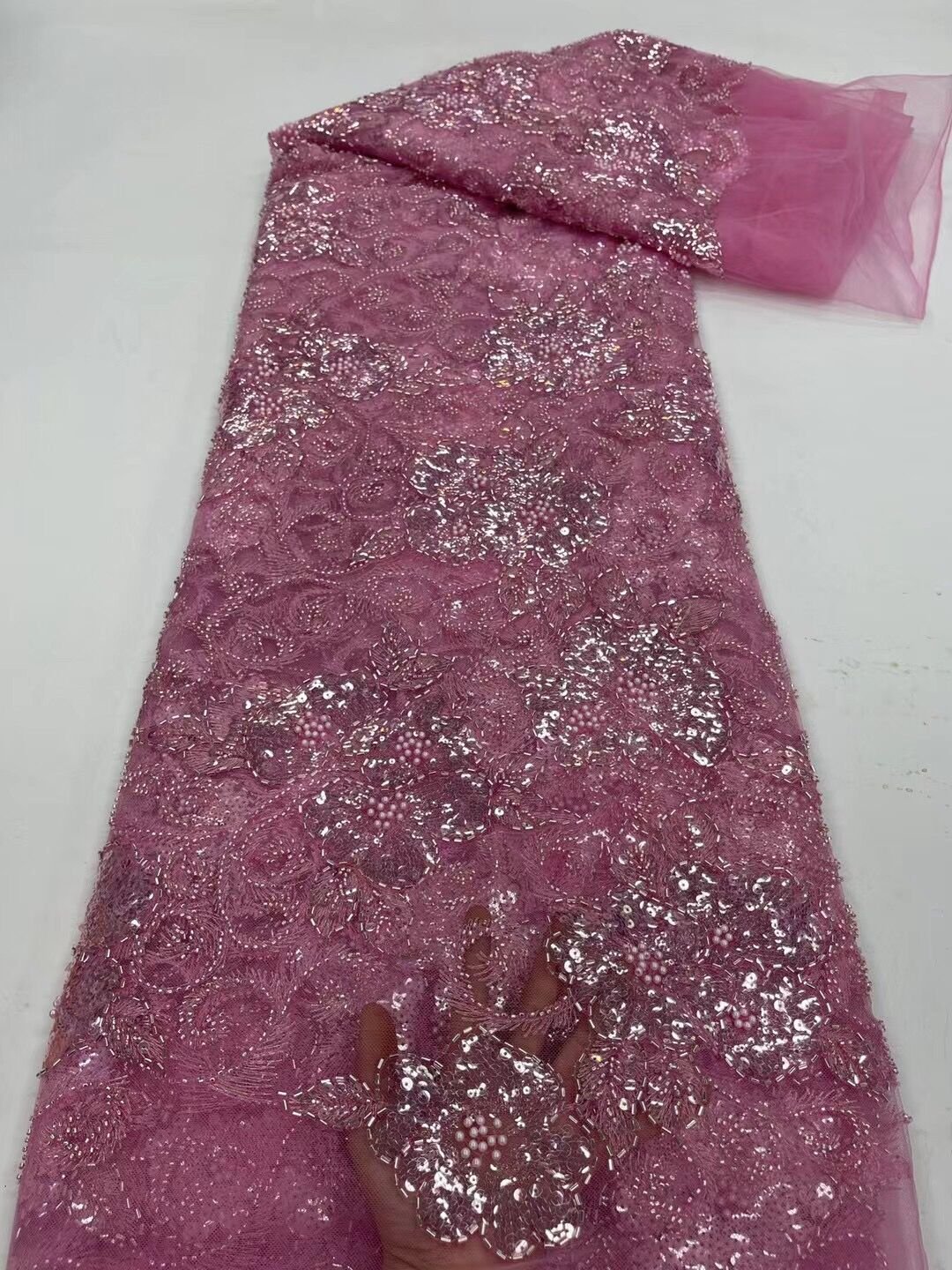 5 YARDS / 13 COLORS / Thea Floral Beaded Embroidery Glitter Mesh Lace  Party Prom Bridal Dress Fabric
