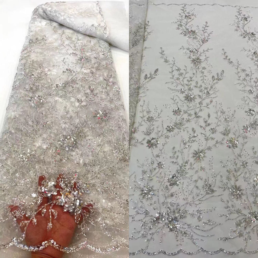 5 YARDS / 13 COLORS / Thea Floral Beaded Embroidery Glitter Mesh Lace  Party Prom Bridal Dress Fabric
