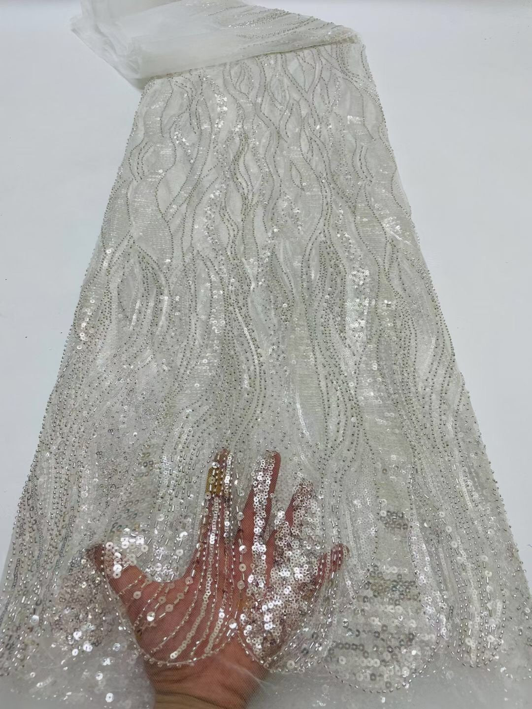 5 YARDS / 14 COLORI / Leah Abstract Swirl Paillettes Perline Ricamo Glitter Mesh Lace Party Prom Abito da sposa Tessuto