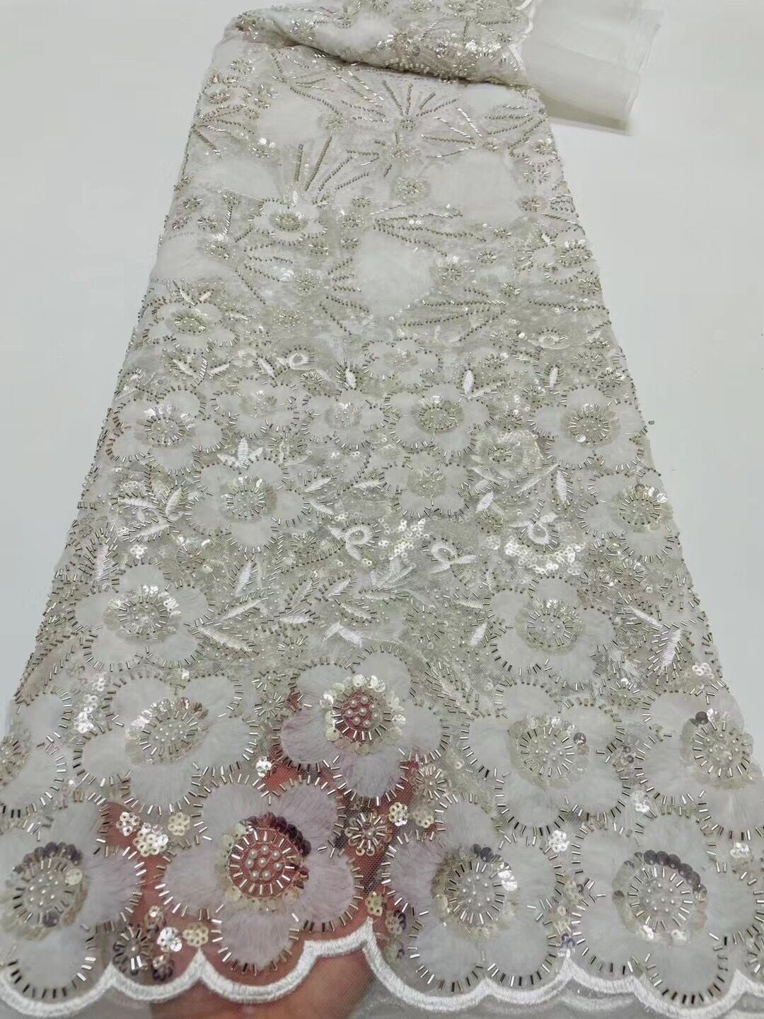 5 YARDS / 14 COLORS / Cute Floral Beaded Glitter Embroidery Mesh Lace Wedding Party Dress Fabric - Classic & Modern