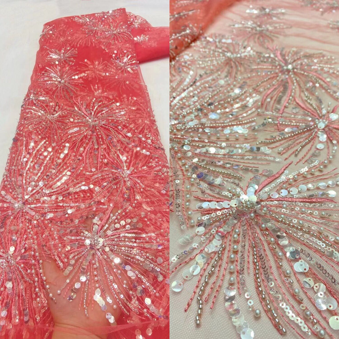 5 YARDS / 15 COLORS / SStarburst Sequin Beaded Glitter Embroidery Mesh Lace Wedding Party Dress Fabric - Classic & Modern
