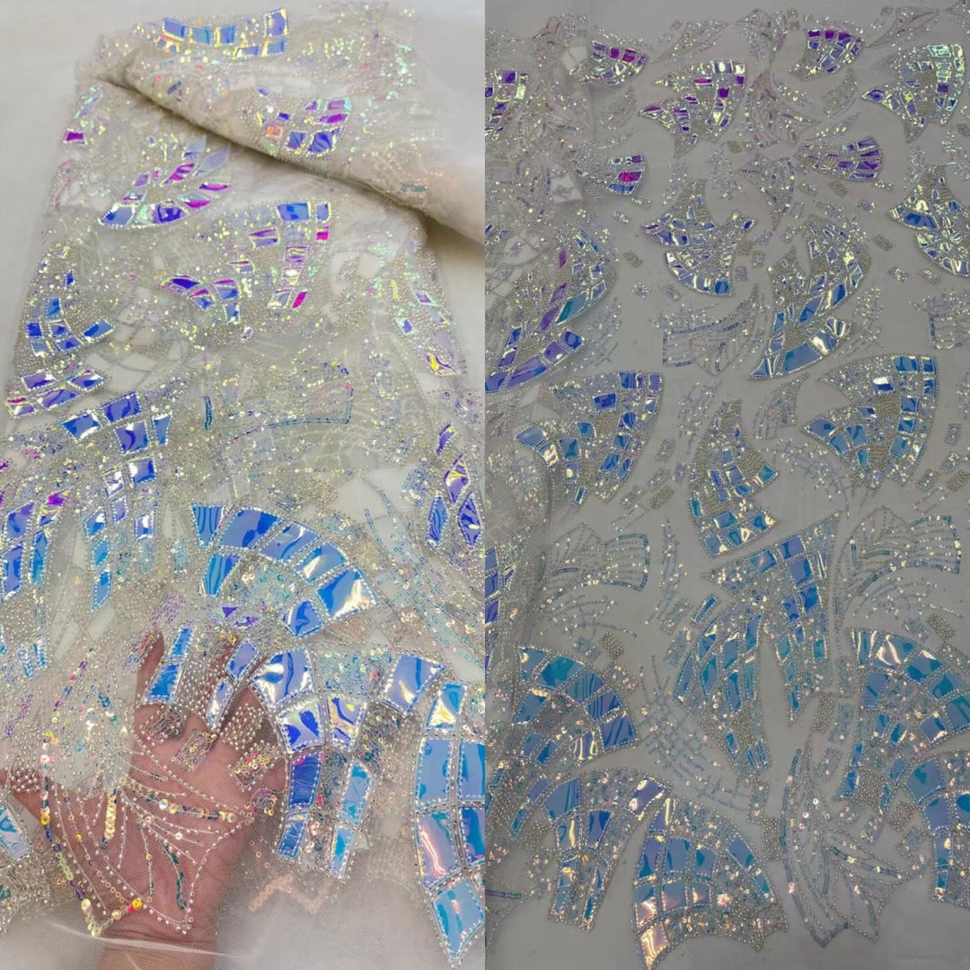 5 YARDS / 18 COLORS / Abstract Armor Blocks Glitter Sequin Beaded Embroidery Tulle Mesh Lace Fabric - Classic Modern Fabrics