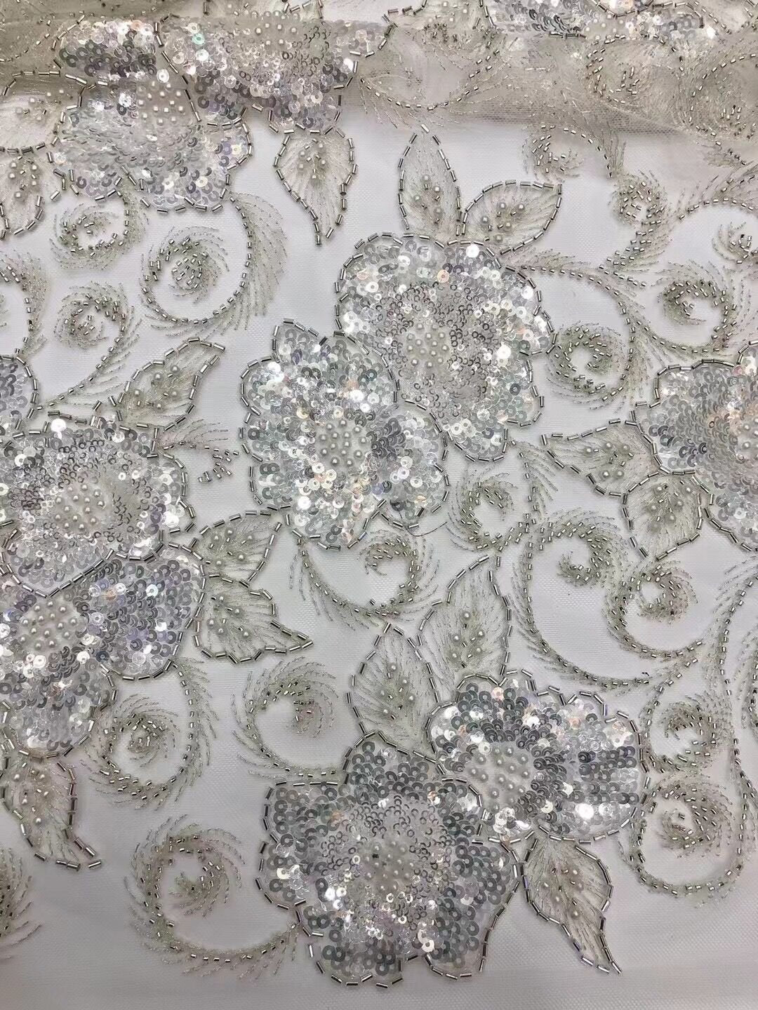 5 YARDS / 2 COLORS / Floral Beaded Embroidery Glitter Mesh Lace Wedding Party Dress Fabric - Classic & Modern