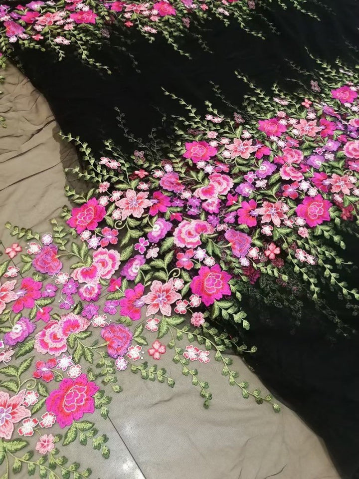 5 YARDS / 3 COLORS / Pink Green Garden Flower Embroidery Tulle Mesh Lace Fabric - Classic & Modern