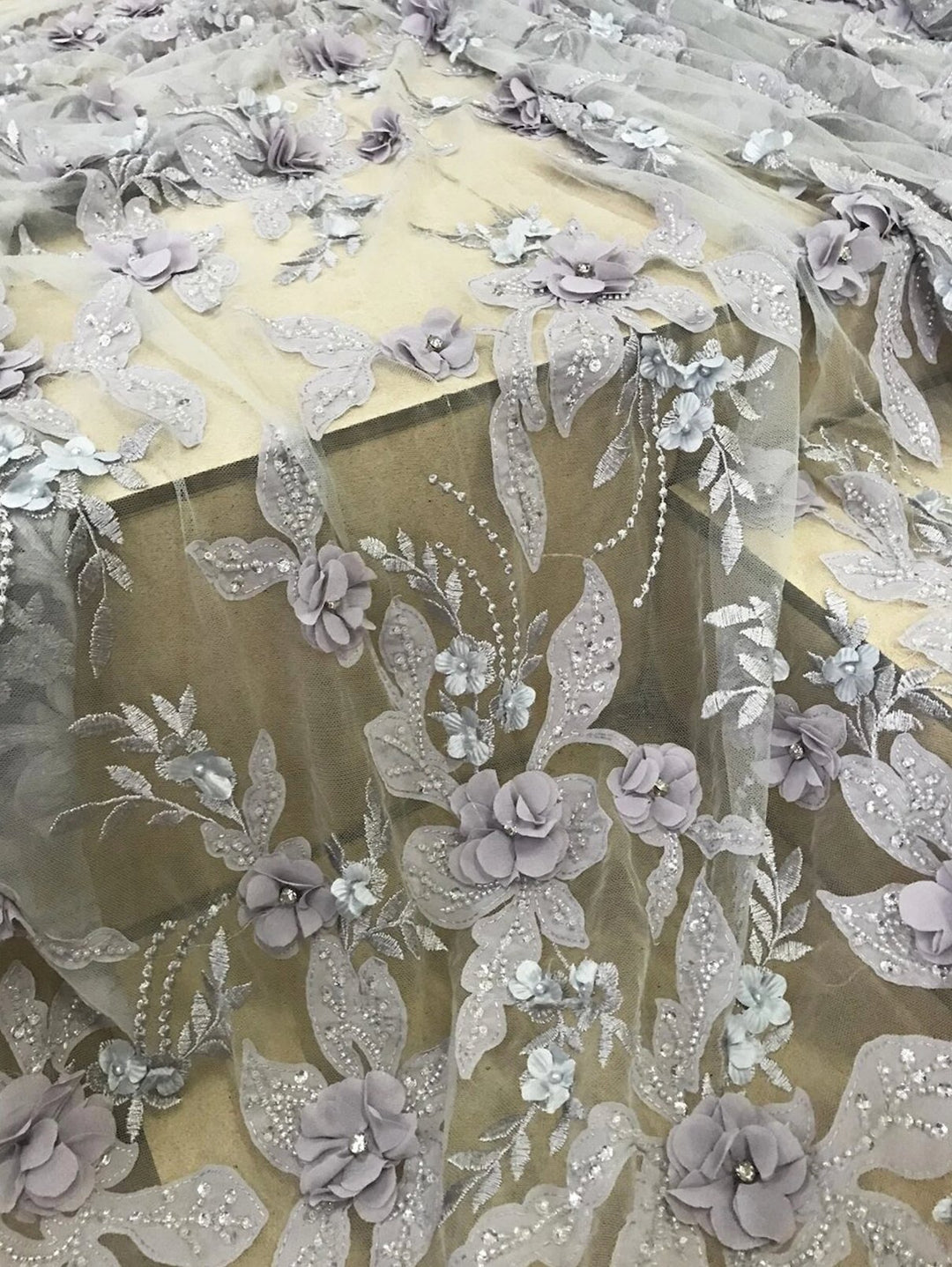Beige floral pattern embroidery with sequins on tulle lace fabric - 3D lace  & embroidery - lace fabric from
