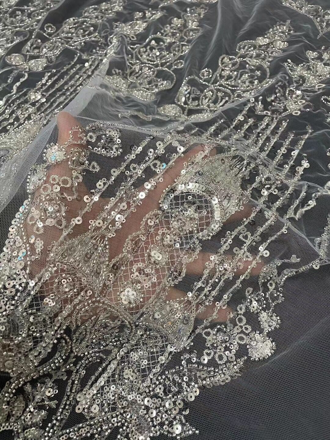 5 YARDS / 4 COLORS / Floral Beaded Glitter Embroidery Mesh Lace Wedding Party Dress Fabric - Classic & Modern
