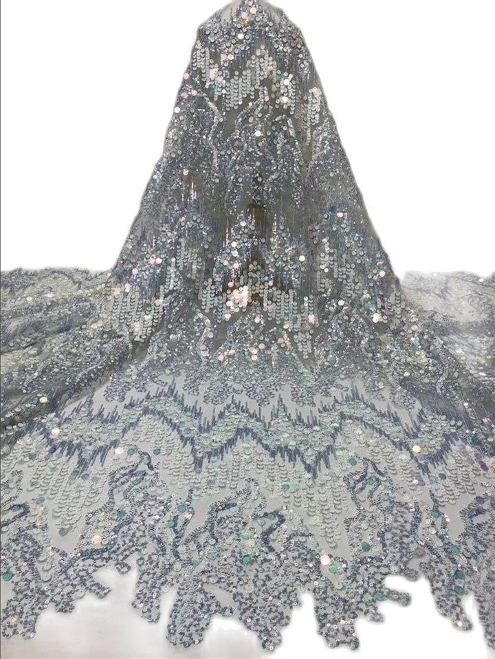 5 YARDS / 6 COLORS / Cosette Wave Design Sequin Beaded Glitter Embroidery Mesh Lace / Party Prom Bridal Dress Fabric