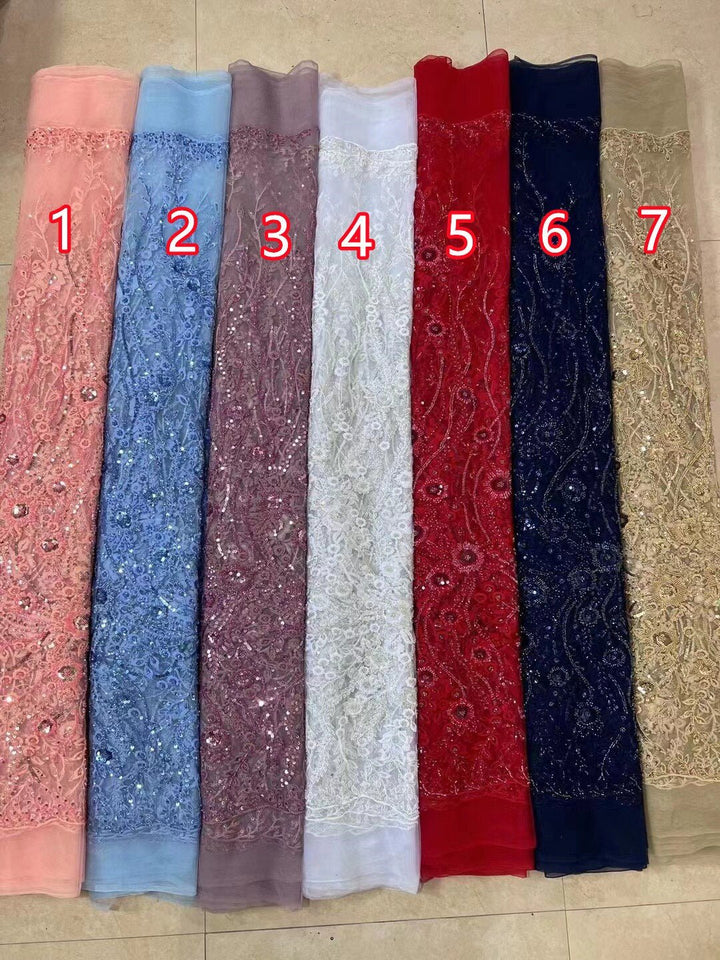 5 YARDS / 7 COLORS / Swirl Floral Glitter Sequin Beaded Embroidery Tulle Mesh Lace Fabric - Classic & Modern