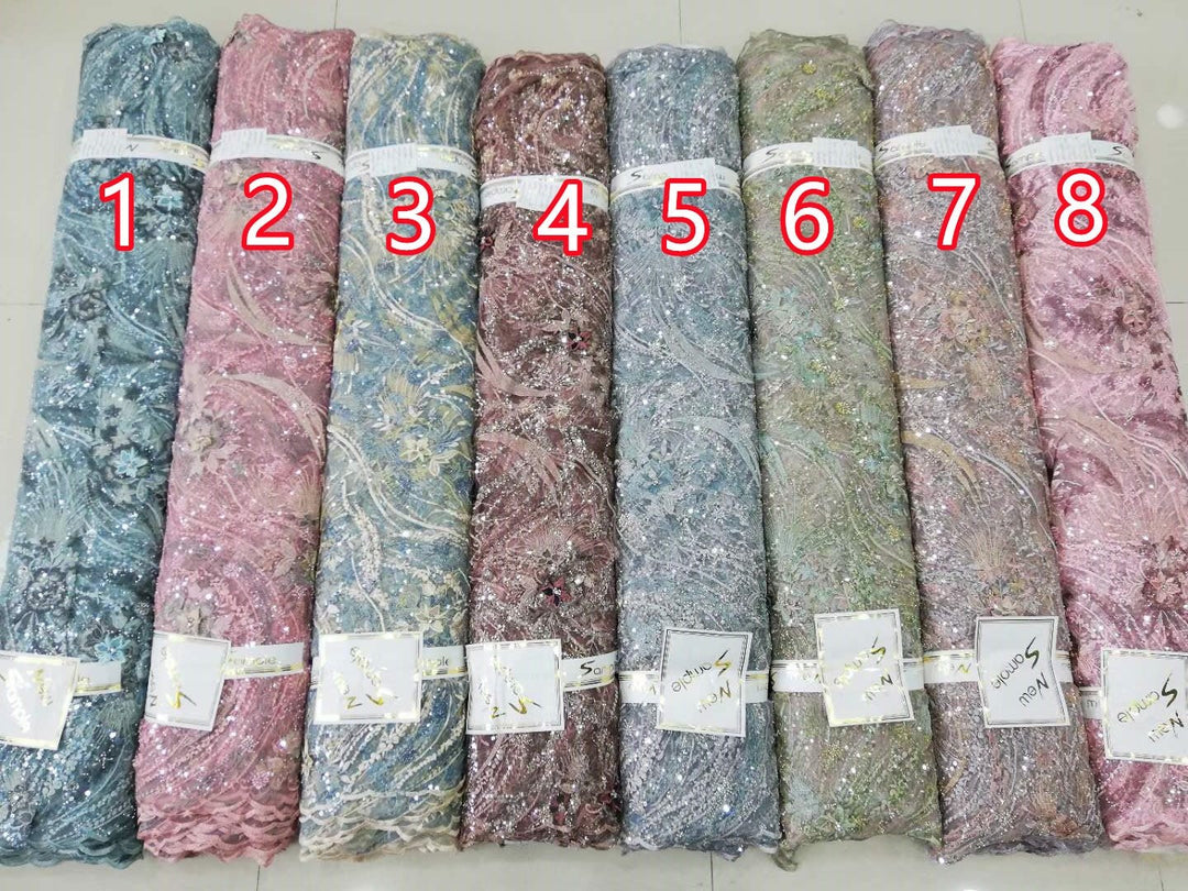 5 YARDS / 8 COLORS / Luxurious Floral Glitter Sequin Full Beaded Embroidery Tulle Mesh Lace Fabric - Classic & Modern