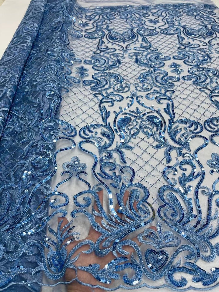 5 YARDS / 8 COLORS / Royal Damask Glitter Sequin Beaded Embroidery Tulle Mesh Party Lace Fabric - Classic & Modern