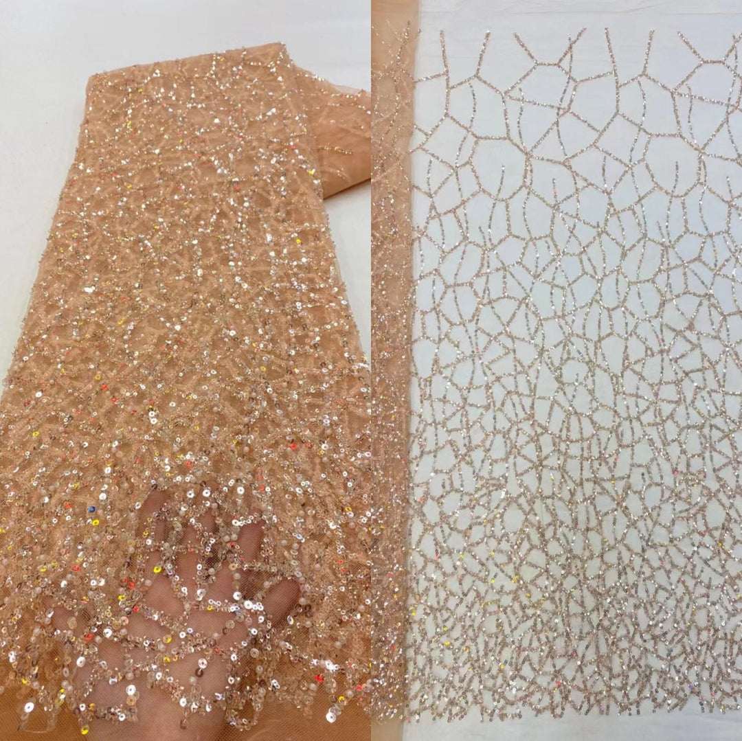 Beaded Lace Fabric Embroidered on 100% Polyester Net Mesh