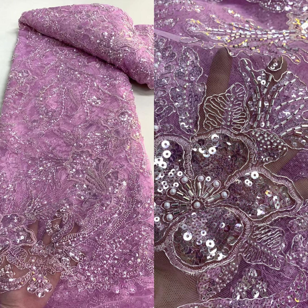 5 YARDS / 9 COLORS / Large floral Glitter Sequin Beaded Embroidery Tulle Mesh Lace Fabric - Classic Modern Fabrics