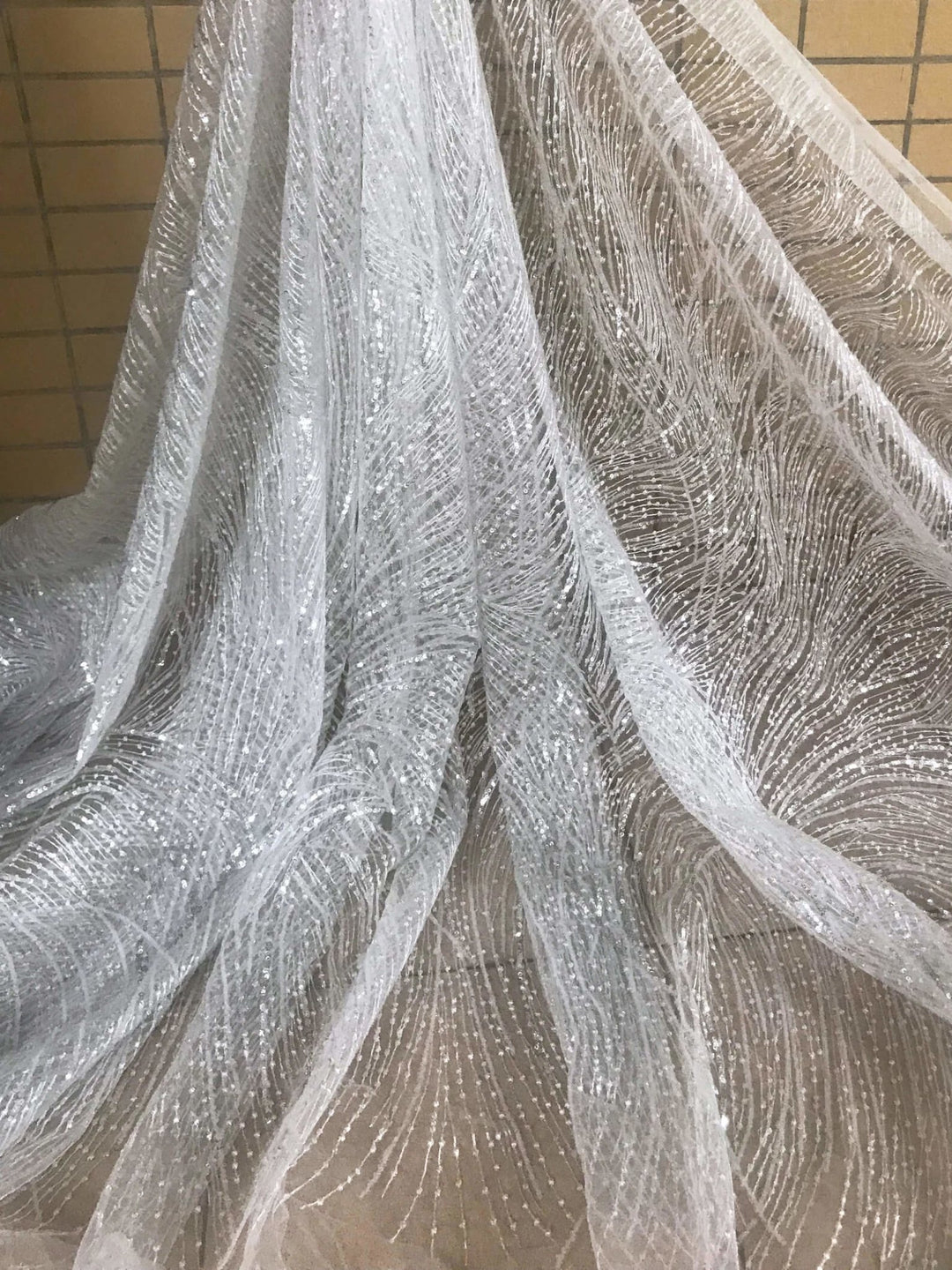 5 YARDS / Lael Abstract White Clear Reflective Sequin Geometric Embroi Classic Modern Fabrics 5 YARDS / Lael Abstract White Clear Reflective Sequin Geometric Embroi Classic Modern Fabrics