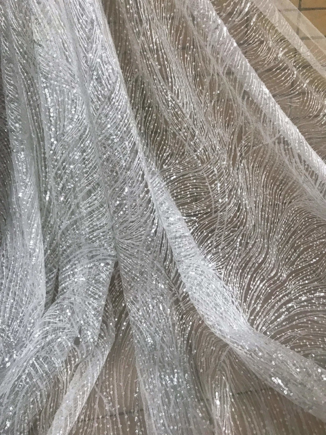 Beautiful Abstract White Clear Reflective Sequin Geometric Embroidery Mesh Lace / Dress Fabric - Classic Modern Fabrics