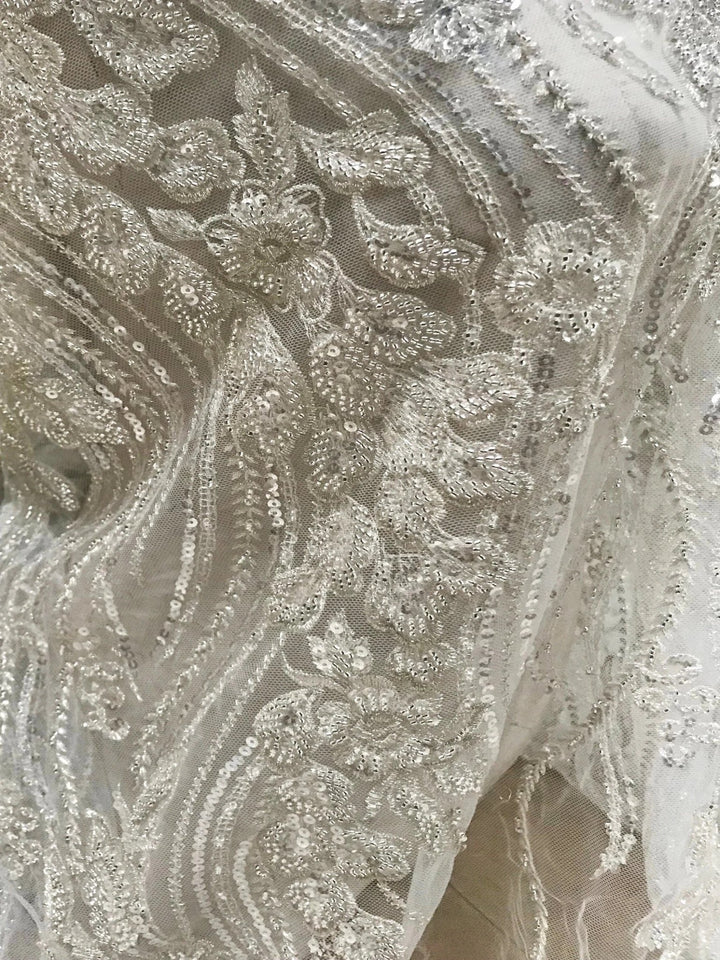 5 YARDS / Beautiful Beaded Glitter Embroidery Mesh Lace / Dress Fabric - Classic & Modern