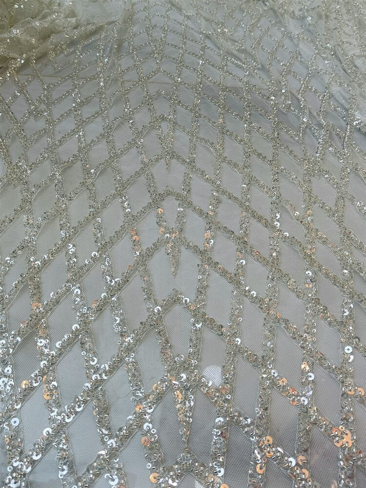 5 YARDS / Elly Beige Ivory Fishnet Glitter Sequin Beaded Embroidery Tulle Mesh Lace Fabric