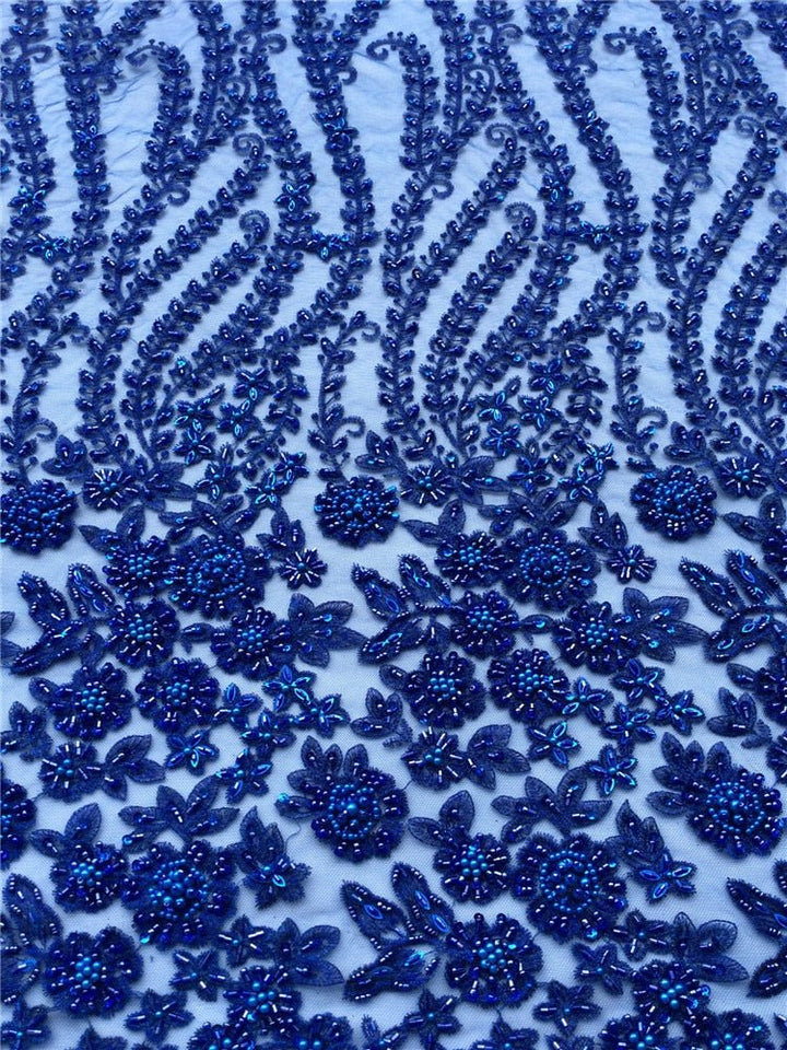 5 YARDS / Blue Sequin Floral Beaded Embroidery Glitter Mesh Lace Wedding Party Dress Fabric - Classic & Modern
