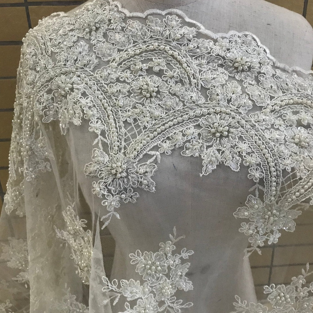 5 YARDS / Classic Wedding Embroidery Beaded Glitter Mesh Lace Dress Fabric - Classic & Modern