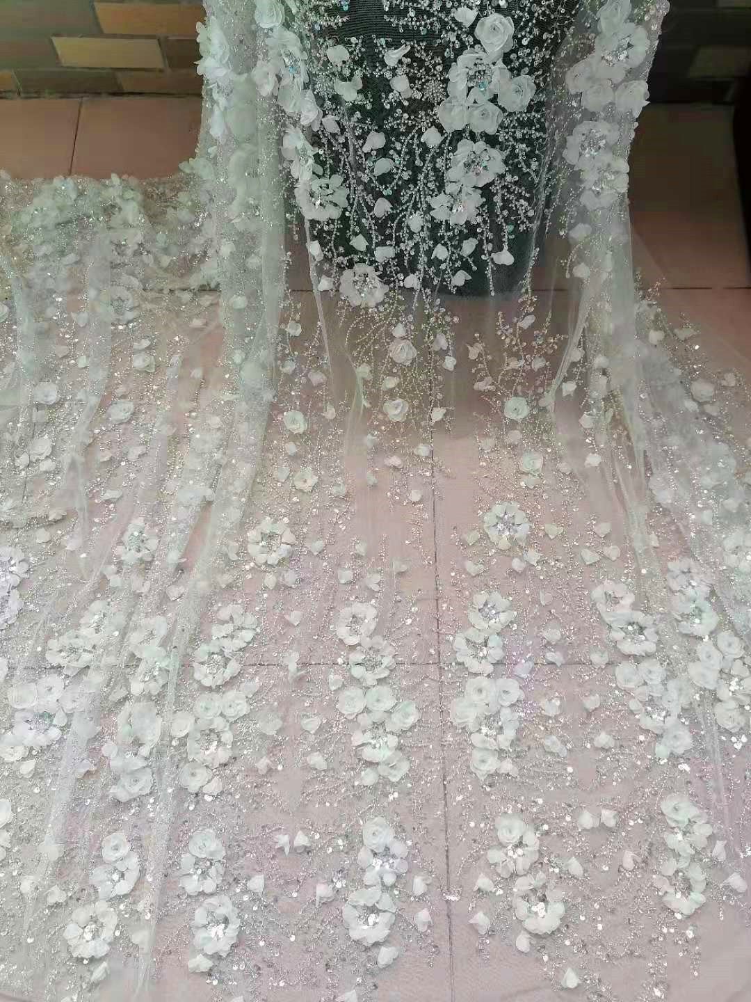 5 YARDS / Marianne 3D Flower Glitter Sequin Beaded Embroidery Tulle Mesh Lace Party Prom Bridal Dress Fabric