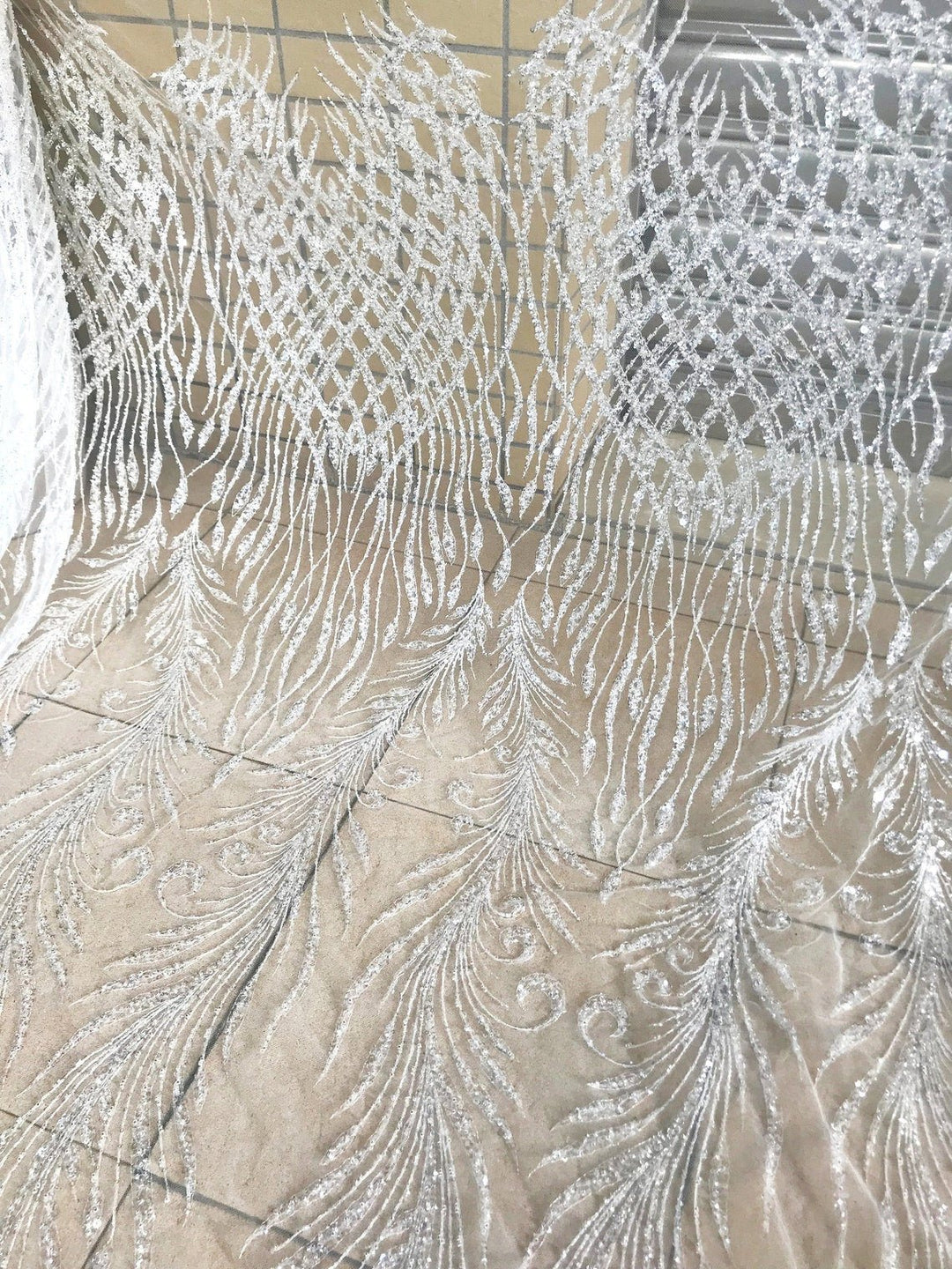 5 YARDS / Geometric Silver Beaded Glitter Embroidery Mesh Lace Dress Fabric - Classic & Modern