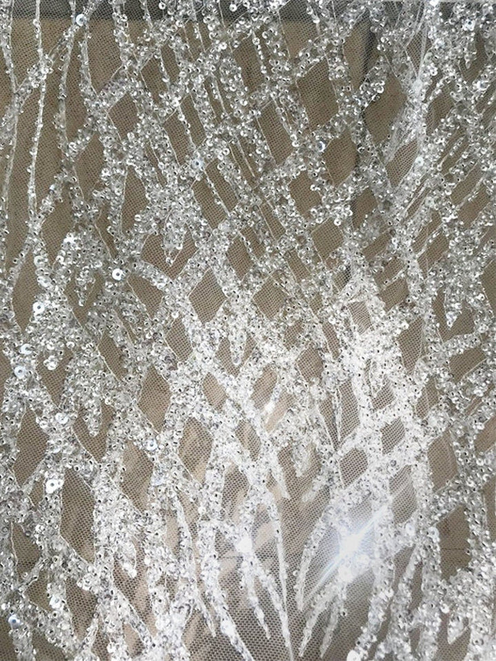 5 YARDS / Geometric Silver Beaded Glitter Embroidery Mesh Lace Dress Fabric - Classic & Modern