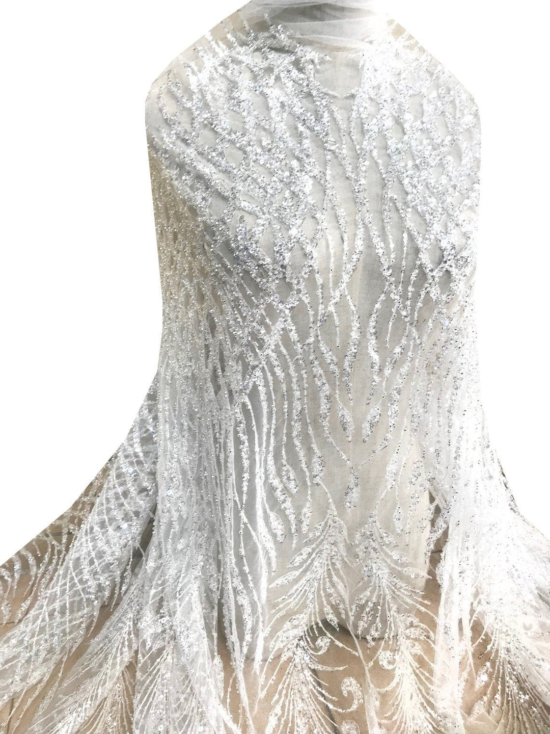 5 YARDS / Erine Geometric Silver Beaded Glitter Embroidery Mesh Lace P Classic Modern Fabrics 5 YARDS / Erine Geometric Silver Beaded Glitter Embroidery Mesh Lace P Classic Modern Fabrics