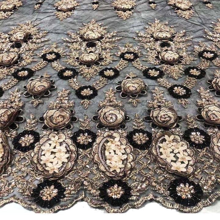 5 YARDS / HAMLET Black Gold Beaded Mesh Ground Sequin Embroidery Mesh Lace / Dress Fabric - Classic & Modern