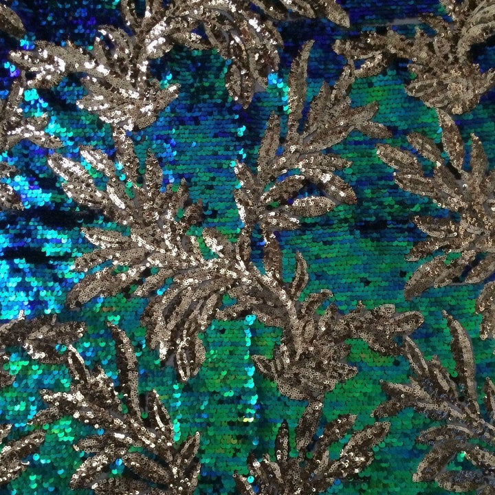 5 YARDS / Iridescent Blue Green Gold Floral Sequin Embroidery Mesh Lace Dress Fabric - Classic & Modern