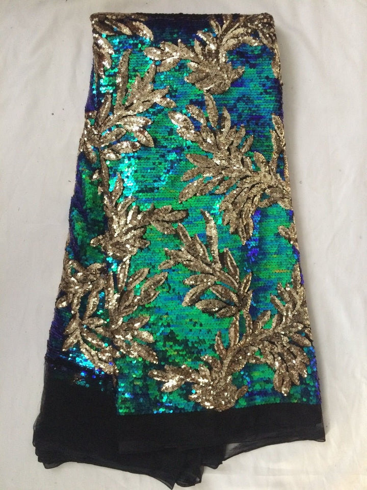 5 YARDS / Iridescent Blue Green Gold Floral Sequin Embroidery Mesh Lace Dress Fabric - Classic & Modern