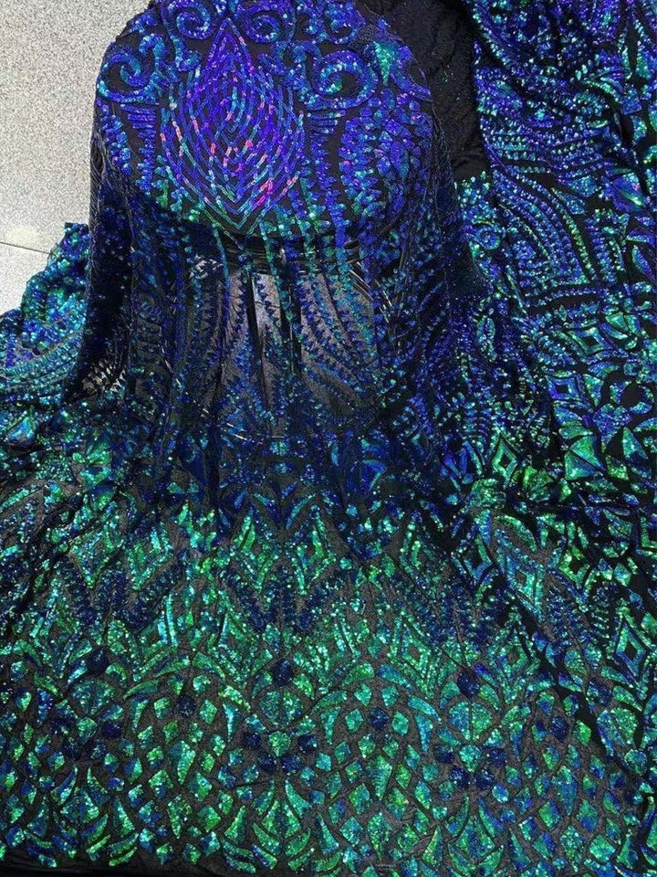 5 YARDS / Iridescent Green Blue Mermaid Sequin Embroidery Tulle Mesh Lace / Fabric by the Yard - Classic & Modern
