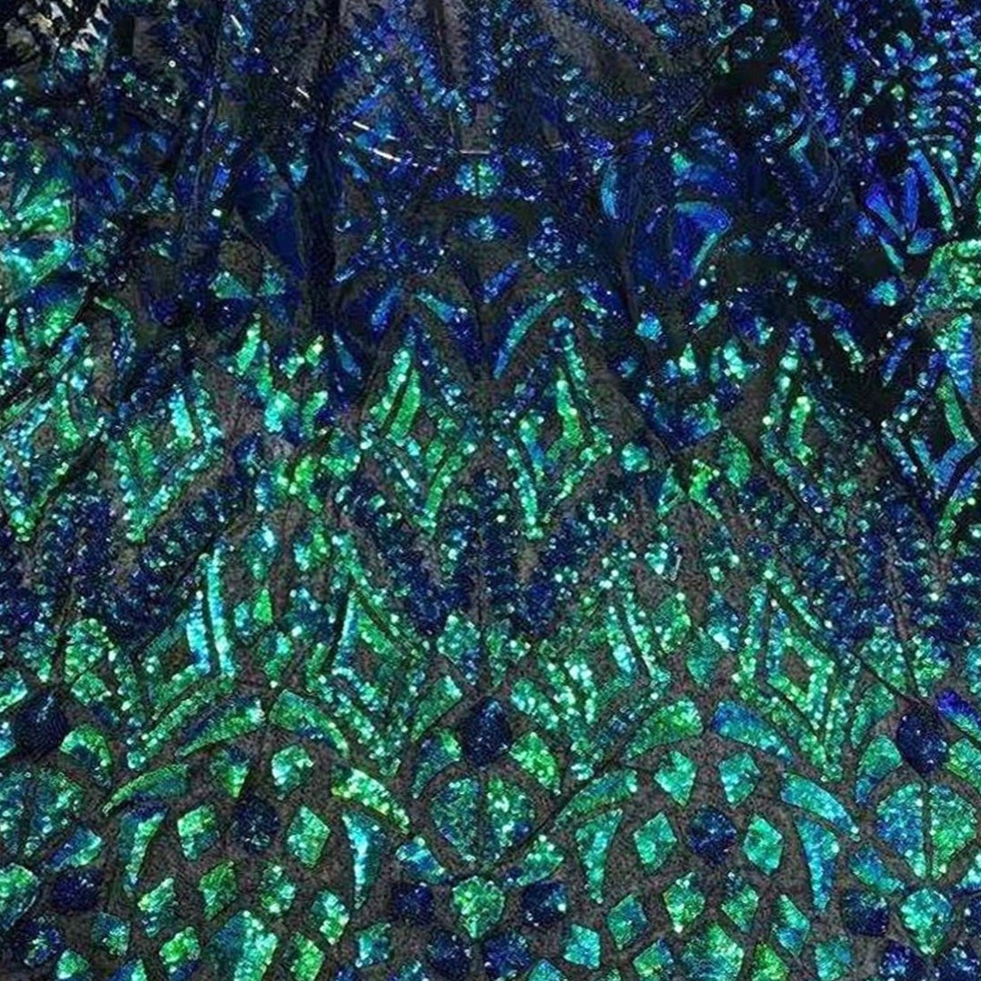 5 YARDS / Iridescent Green Blue Mermaid Sequin Embroidery Tulle Mesh Lace / Fabric by the Yard - Classic & Modern