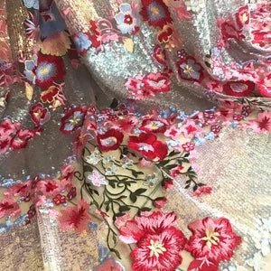 5 YARDS / Iridescent Red Pink Multi Color Floral Embroidery Sequin Tulle Mesh Lace / Fabric by the Yard - Classic & Modern