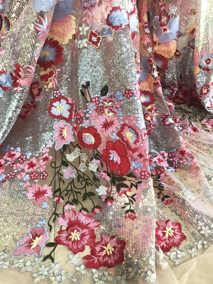 5 YARDS / Iridescent Red Pink Multi Color Floral Embroidery Sequin Tulle Mesh Lace / Fabric by the Yard - Classic & Modern