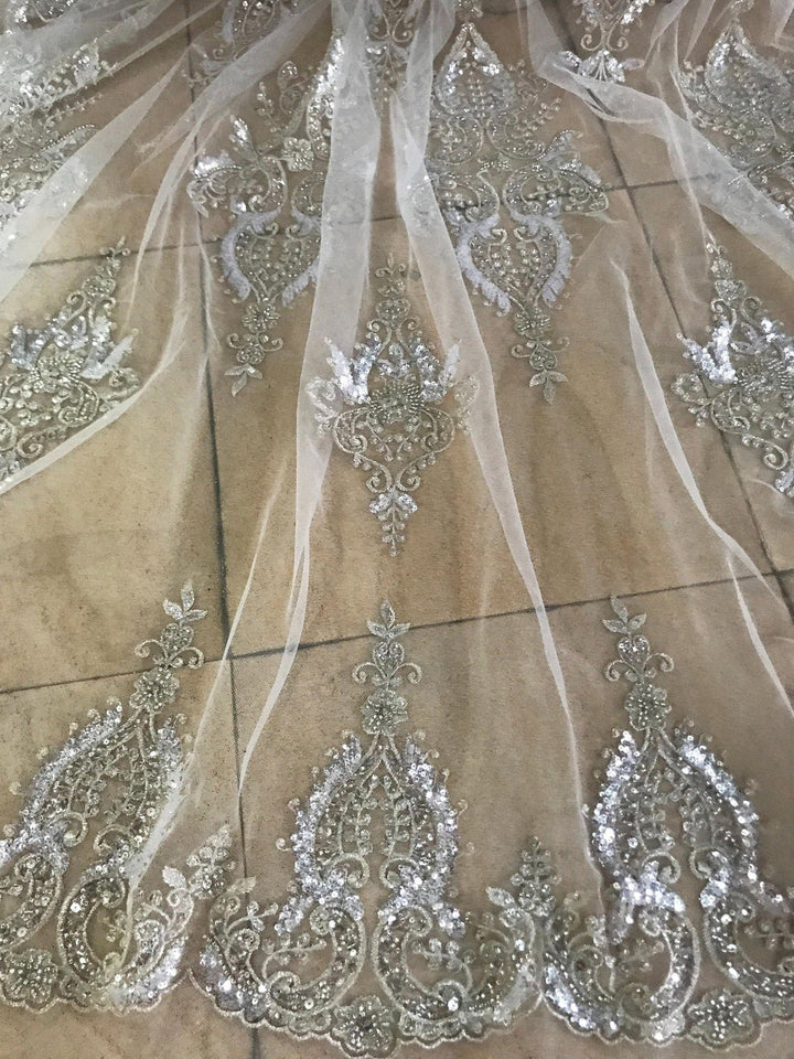 5 YARDS / IVORY SILVER Beaded Mesh Ground Glitter Geometric Embroidery Mesh Lace / Dress Fabric - Classic & Modern