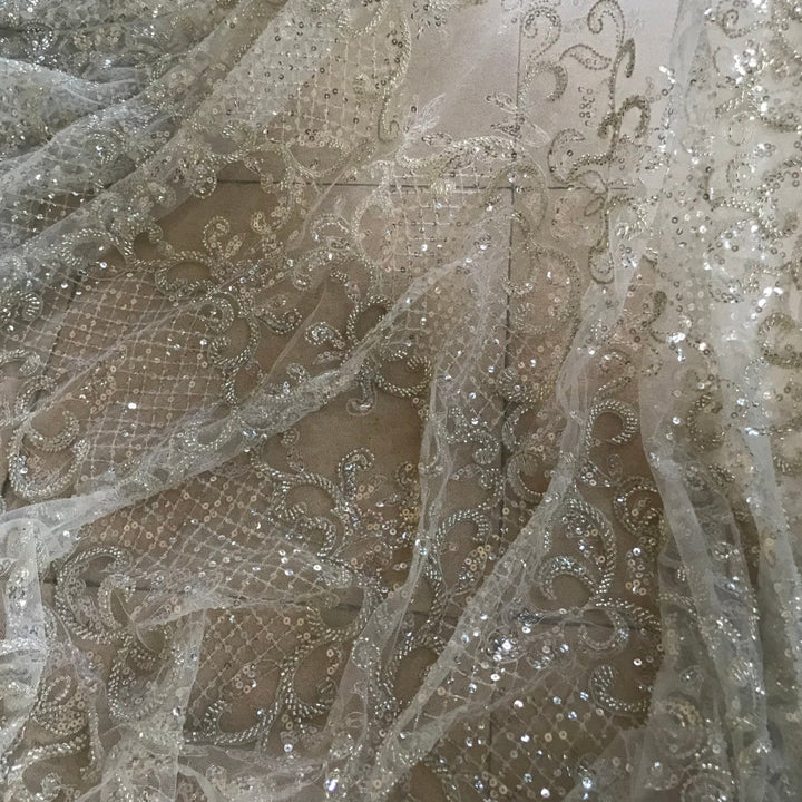 5 YARDS / Juliette METALLIC Silver Beige Beaded Sequin Embroidery Glitter Tulle Mesh Lace - Classic & Modern