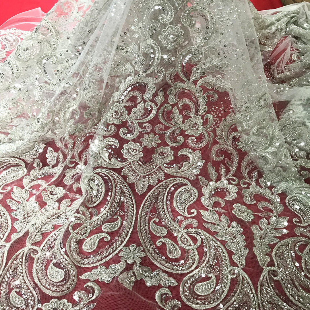 5 YARDS / Liminate BEIGE SILVER Damask Classic Pattern Sequin Dress Mesh Lace Fabric - Classic & Modern