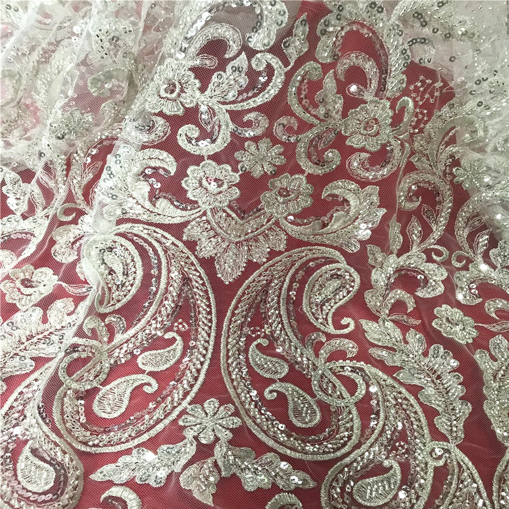 5 YARDS / Liminate BEIGE SILVER Damask Classic Pattern Sequin Dress Mesh Lace Fabric - Classic & Modern