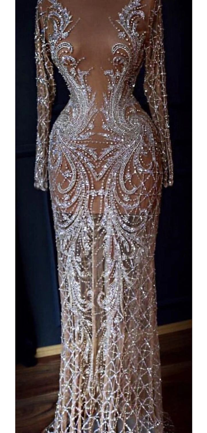 Silver Luxurious Abstract Full Body Beaded Glitter Geometric Embroidery Mesh Lace / Dress Fabric - Classic Modern Fabrics
