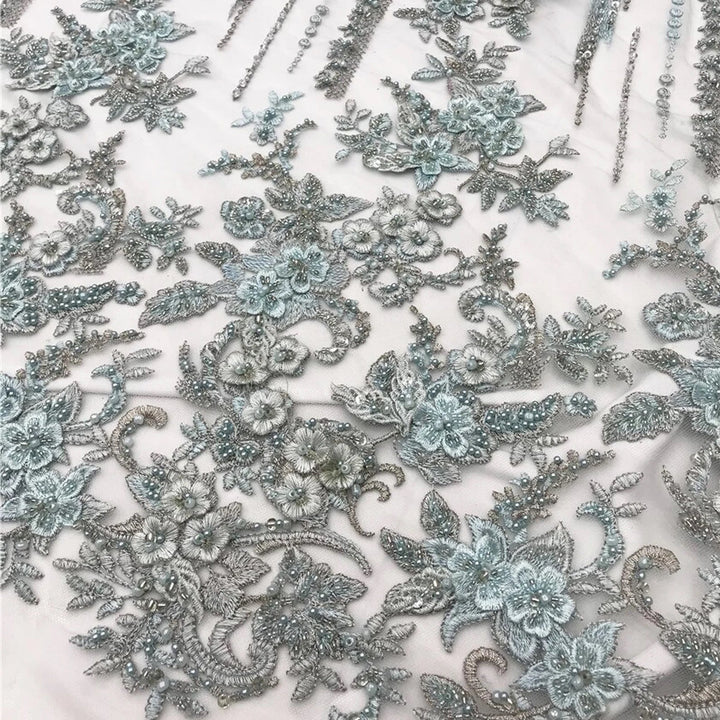 5 YARDS / MADRIS Blue Grey Beaded Mesh Ground Glitter Embroidery Mesh Lace / Dress Fabric - Classic & Modern