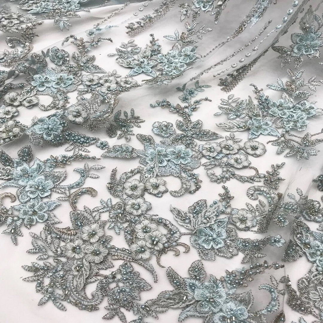 5 YARDS / MADRIS Blue Grey Beaded Mesh Ground Glitter Embroidery Mesh Lace / Dress Fabric - Classic & Modern
