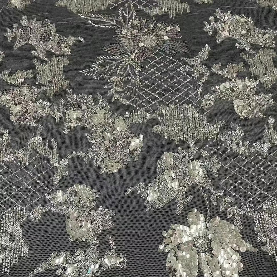 5 YARDS / Off-White Ivory Clear Sequin Flower Embroidery Tulle Mesh Lace Fabric - Classic & Modern
