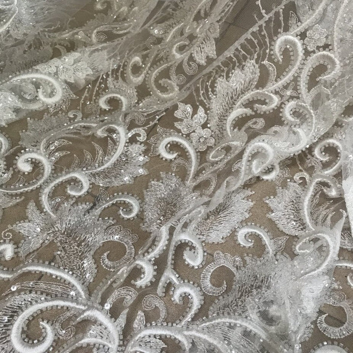 5 YARDS / Off White Sequin Beaded Glitter Embroidery Mesh Lace Wedding Party Dress Fabric - Classic & Modern